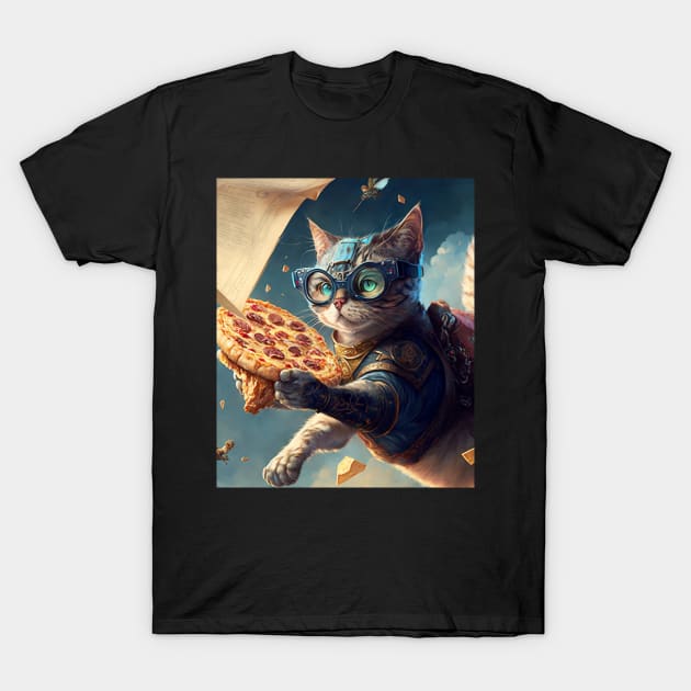 Funny Cat Flying and Delivering Pizza - Funny Digital Artwork Futuristic Art Birthday Gift Idea For Mom T-Shirt by Pezzolano